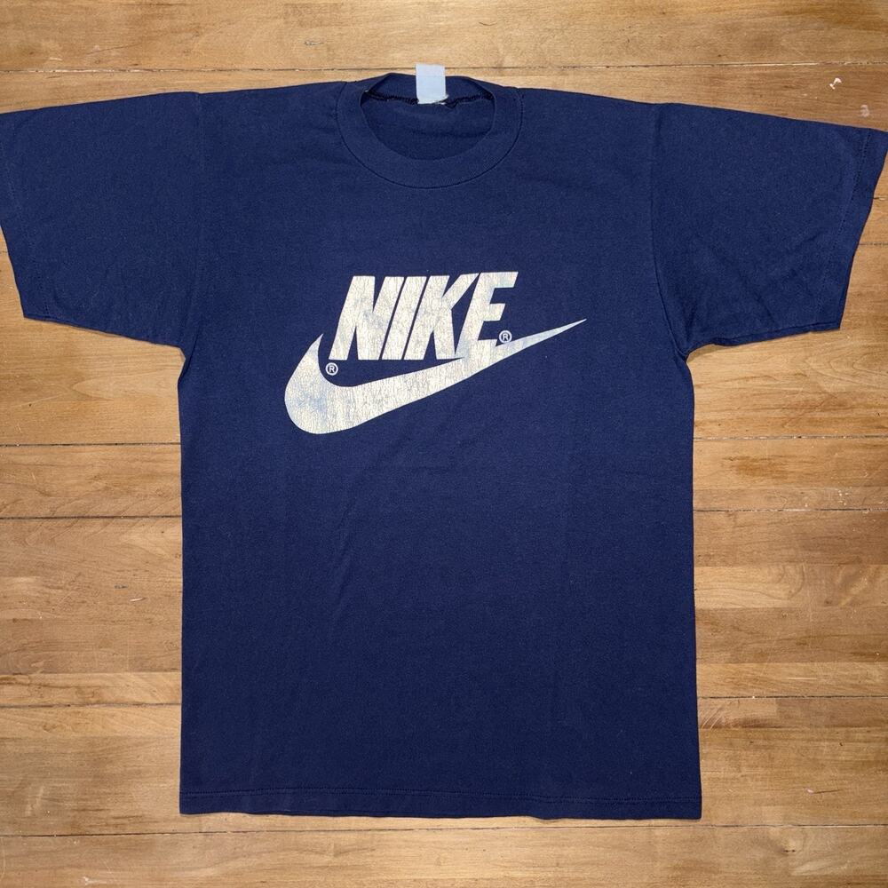 1980s Nike Logo Vintage Blue Tee Shirt Staple Warm Up Classic Athletic Medium